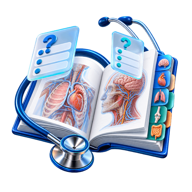 3D open medical textbook with question cards